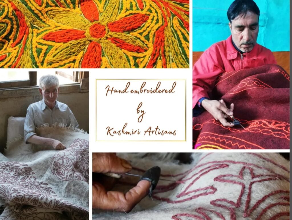 Hand embroidery process by Kashmiri artisans